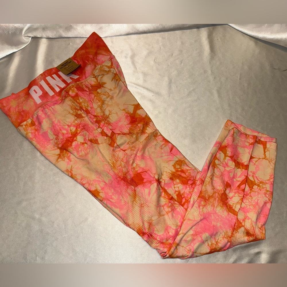 Victorias Secret Pink High Wait Full Length Tight Tie Dye Orange Pink XXL